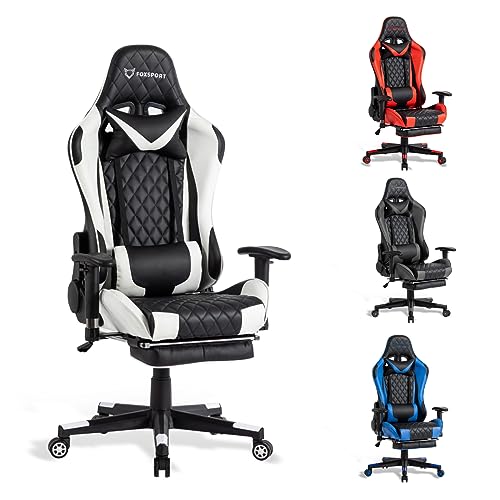 FOXSPORT Silla ergonómica para Juegos - Totalmente Ajustable con reposabrazos, reposapiés, reposacabezas, Respaldo y cojÃn - Función de inclinación - Máxima Comodidad. (con reposapié, Blanco)