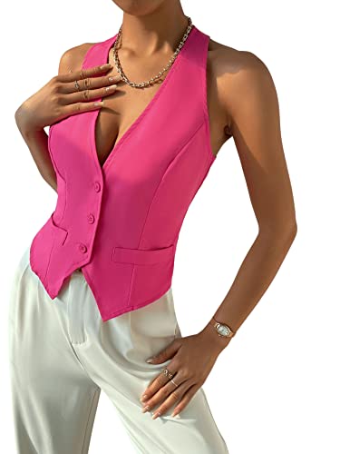 Verdusa Women's Single Breasted Sleeveless V Neck Vest Jacket Waistcoat Hot Pink L #TOP3