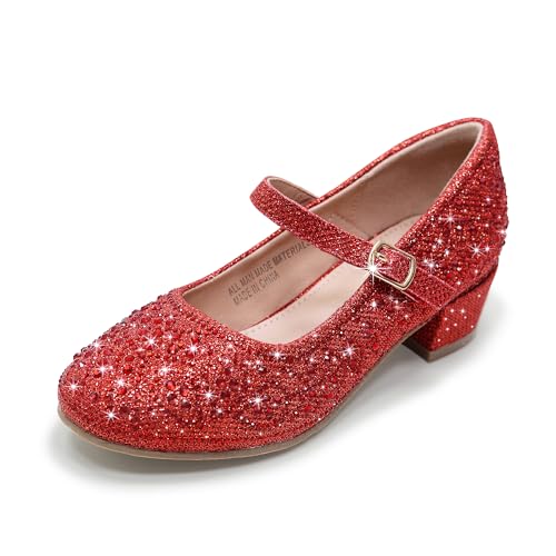 WIKENCY Girls Dress Shoes Mary Jane Low Heel Princess Flower Wedding Flats Glitter Shoes for Toddler/Little Kid/Big Kids Red Size 1 US Big Kid