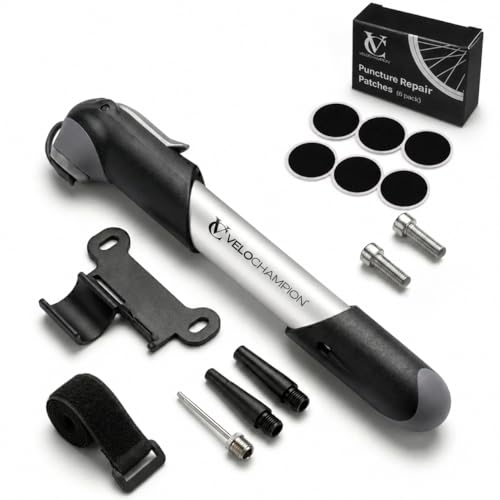 VeloChampion Mini Bomba Bicicleta 100 PSI/6,8 Bar para bicis Carretera, híbridas y eléctricas, válvulas Presta/Schrader/Dunlop, Soporte Cuadro y Aguja balón (Bomba + Parches de reparación)