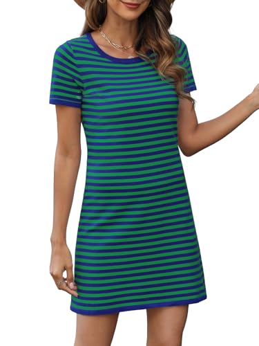 Image of Women's 2025 Spring Summer Striped Sweater Dress Casual Crewneck Short Sleeve Ribbed Knit Bodycon Mini Dresses