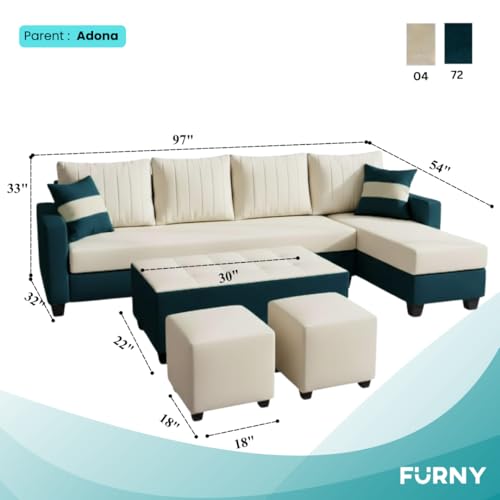 Image of FURNY Avenue 8 Seater Fabric RHS L Shape Sofa Set with 1 Centre Table & 2 Puffy (Cream-Greenish Teal) Premium Velvet Finish