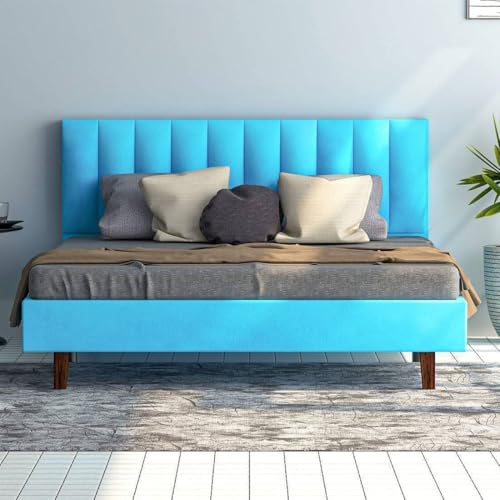 Image of Wooden Modern Upholstered Queen Size Bed for Bedroom | Wooden Double Bed Without Storage | Platform Cot Upholstered Bed with Upholstery Fabric | Engineered Wood | 6.5 x 5 Ft | Velvet Blue