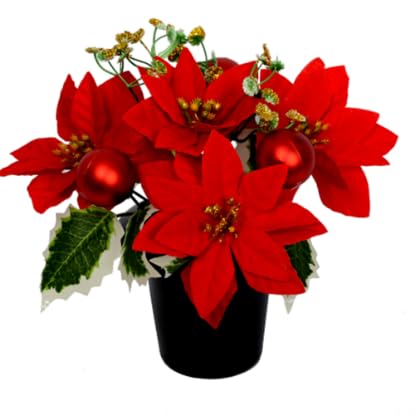 Caliko Pk1 Christmas Artificial Flowers for Graves | Bauble and Poinsettia | Cemetery Artificial Grave Flower Pots | Durable Grave Pot for Floral Arrangement Decorations