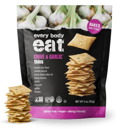 Image of Every Body Eat Gluten Free Crackers, Chive & Garlic - Garlic Crackers, Healthy Vegan Snacks, Dairy Free, Seed Oil Free Snack Crackers (Pack of 2), 4 oz Bags