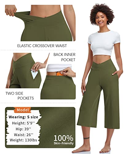 Image of TARSE Womens Casual Wide Leg Yoga Capris Crossover High Waist Capri Pants Loose Soft Pajama Pockets Sweatpants