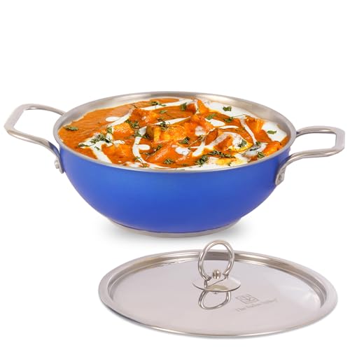 Image of The Indus Valley Coloured Stainless Steel Kadai with Steel Lid | Blue, Large, 28.8cm / 11.3 inch, 4.5Ltr, 1.2kg | Induction Friendly | Nonstick 3-Layer Bottom, 100% Toxin-Free, No Chemical Coating