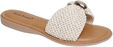 Pierre Dumas Winnie Cream Woven Slide Sandals with Buckle, Slip On Flat Sandals for Women