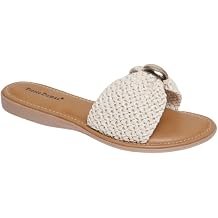 Pierre Dumas Winnie Cream Woven Slide Sandals with Buckle, Slip On Flat Sandals for Women