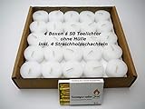 200 Teelichter Weiß ohne Hülle, inkl. 4 Streichholzschachteln, Rohlinge, Nachfüllpack, 4 Stunden Brenndauer, ohne Duft, ohne Aluhülle - Kunststoffhülle, für Glasbehälter, Zündhölzer, Streichhölzer