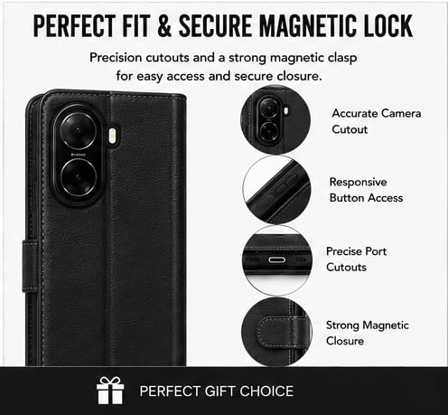 Image of HushLush Premium Flip Cover Compatible for Redmi A7 Pro | Shockproof Wallet Style Protective Case with Card Slots, Magnetic Closure, Stand Function & Full Body Protection (Plain Metallic) (Black)