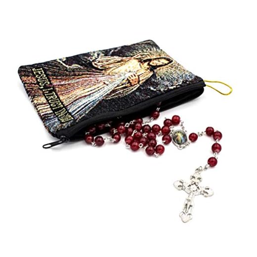 Divine Mercy Rosary Gift set. Includes Divine Mercy 8mm Deep Red bead rosary and Beautiful Tapestry Rosary Bag