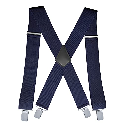 T Tersely 50mm Extra Wide Heavy Duty 4 Buckles Stripe X Back Elastic Adjustable Suspenders Strong Metal Clips Heavy Duty Men Braces (Navy Blue)