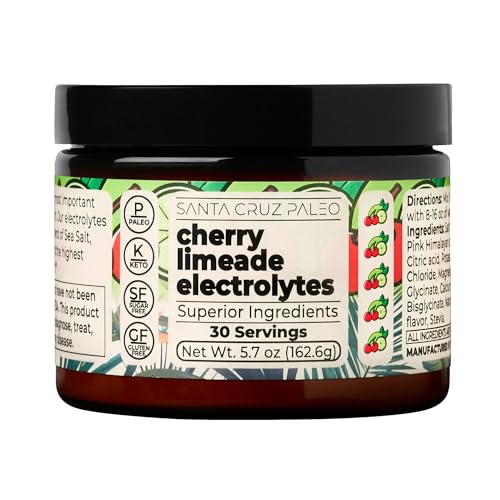 santa cruz paleo electrolyte powder cherry limeade flavor sugar free hydration drink mix with himalayan pink salt sea salt magnesium glycinate potassium chloride sweetened with stevia 30 srvgs