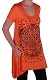 U-Ausschnitt, kurze Ärmel. EyeCatch Plus - Damen Graphic Tiger Lange drapierte Frauen Sparkle Kurzarm Stretch Top Orange Gr. 50/52