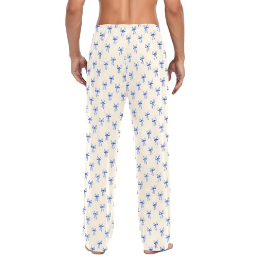 Mens Cotton Pajama Pants Sleep Lounge Pj Bottoms Sleepwear with Pockets Drawstring S Blue Bow Patttern3