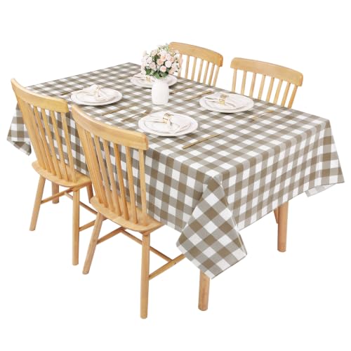 Image of Kesfey Khaki Gingham Tablecloth Fall Brown Checkered Table Cover 3 Packs | 54 x 108 Inches,Khaki Plastic Plaid Tablecloth,Waterproof Rectangle, Disposable Khaki and White Picnic Birthday Table Covers