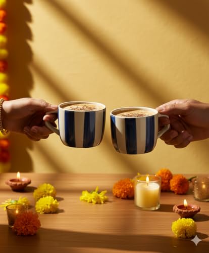 Image of DATA Ceramic Zen Stripes Hand Painted Coffee Mugs in Blue Lines, Set of 6, 199 Ml