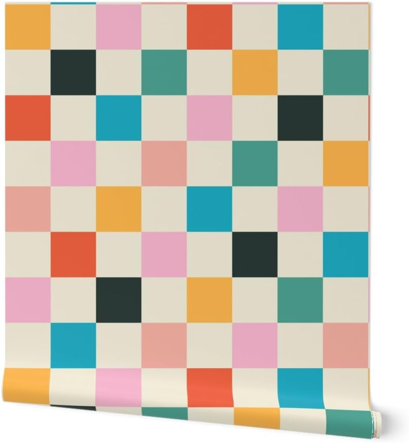 Spoonflower Removable Wallpaper Swatch - Retro Checkerboard Pink Orange Modern Multicolor Checker Custom Pre-Pasted Wallpaper