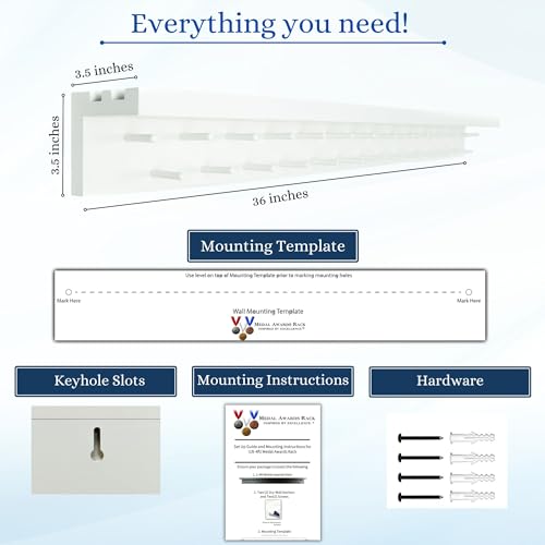 Image of 3ft Medal Hanger Display for Wall - Trophy Shelf with Hooks for Medals - 36 inch Solid Wood - Holds 30+ Medals + Cased Medals for Running, Gymnastics, Cheer, Karate - White- Medal Awards Rack