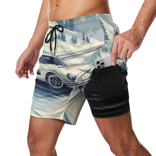 Snow Mountain Racing Car Beach Shorts for Men Swim Trunks Quick Dry Swim Shorts with Compression Liner Pocket2
