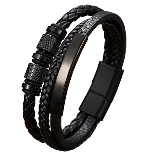 PacuM Bracelet Cuir Homme Tissé Bracelet Homme Cuir PU Noir Bijoux Accessoires Classiques Acier Titane Tendance pour Saint Valentin Fete des Pères et Cadeaux...