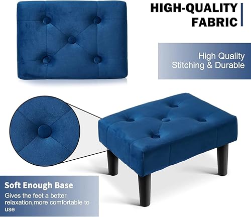 Image of Small Velvet Soft Foot Rest Footstool Ottoman with 4 Wooden Legs, Additional Seating Sofa Footrest for Living Room Entryway Set of 1 Blue