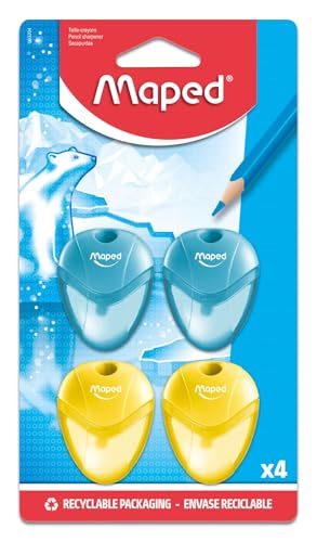 Maped - Set mit 4 Anspitzern von Iglu, 1 Loch mit transparentem Behälter, Schulbedarf für Kinder, ergonomisch und kompakt, 2 blau & 2 gelb