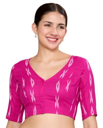 Image of Studio Shringaar Women Cotton Ikat Stretchable (Smocked) Readymade Elbow Length Sleeve Saree Blouse