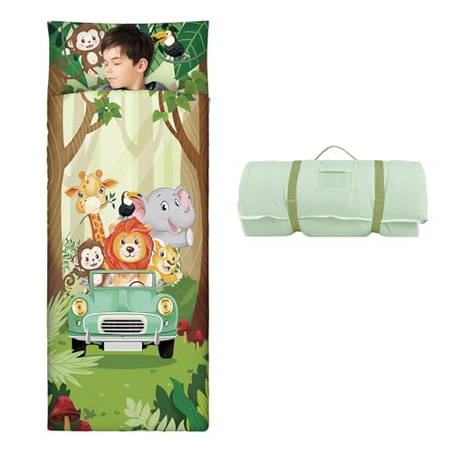 Nap Mat Caldo per Bambini con Rimovibile Cuscino, Grande Sacco a Pelo Pieghevole per Ragazze Ragazzi, Nap Mats con Doppia Cerniera per Campeggio, Scuola Materna e Asilo, 150×60cm Auto Animali