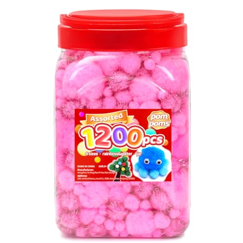 Image of IOOLEEM Light Pink Pom Poms - Assorted Size, 1200pcs with Wiggle Eyes, Glitter Options, Perfect for Arts & Crafts