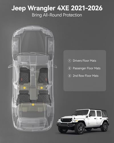 Image of 3W Floor Mats Fit for Jeep Wrangler 4XE 2021-2024 2025 2026 Hybrid 4 Door (Non JL or JK), Black All-Weather TPE Floor Liner for 1st and 2nd Row Full Set Car Mats, Red Logo