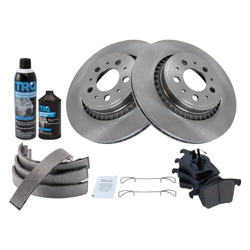 Image of TRQ Rear Brake Pad & Rotor Kit, with Chemical Kit Parking Brake Shoe Set Ceramic Compatible with 2008-2014 Volvo XC90