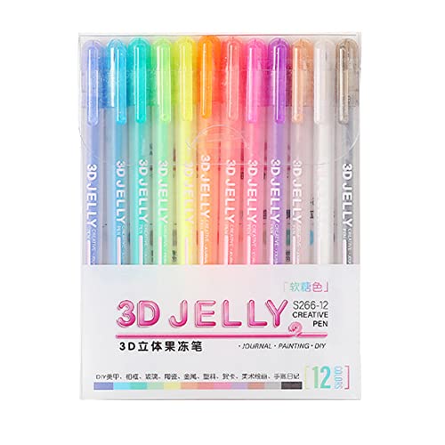 EUBUY 3D Jelly Pen Set, 12 Colors 3D Glossy Jelly Pens, Assorted Colors Gel Ink Pens for DIY Painting Drawing Coloring, Suitable on Glass, Plastic