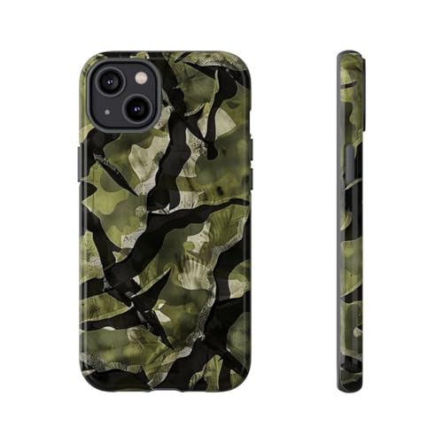 Coque iPhone 14 Plus rigide brillante motif camouflage vert design abstrait noir