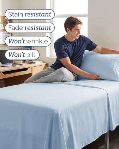 Image of Twin XL 4 Piece Sheet Set - College Dorm Room Essentials - Sky Blue | Ultra Soft Dorm Bedding Set, 8 inch to 16 inch Inch Deep Pockets, 1 Flat & 1 Fitted Sheet & 2 Pillowcases, Wrinkle & Fade Free