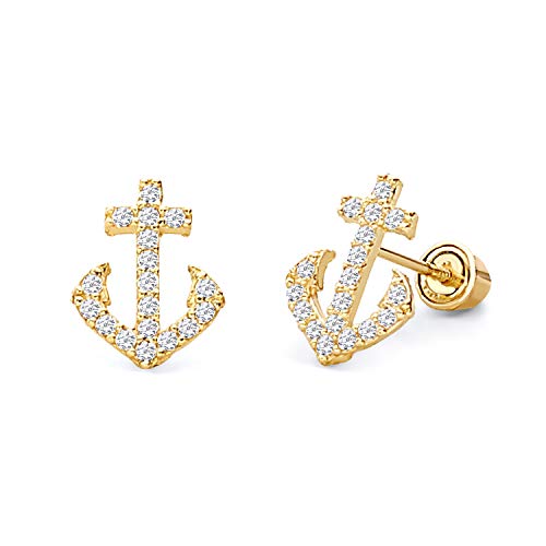 14k REAL Yellow Gold Anchor Stud Earrings with Screw Back