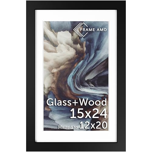 Frame Amo 15x24 Black Solid Wood Poster Frame, White Mat for 12x20 Image, Tempered Glass Front, 1.5 inch Wide, 1 inch Thick, High-End, Substantial, Gallery Grade & Acid-Free