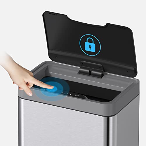 Image of Mbillion 15 Gallon Touchless Motion Sensor Trash Can | Rectangularsilver smart garbage can with lid, automatic touchless design for kitchen, bedroom, home & office use
