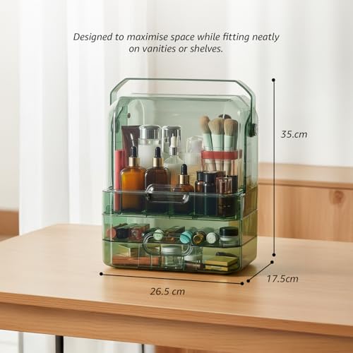 Image of Amazon Basics Glossy PET Cosmetic Storage Organizer | 26.5 x 17.5 x 35 cm | 3 Compartments | Waterproof & Dustproof Lid | Green