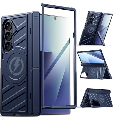 Coque Galaxy Fold 7 magnétique antichoc bleue avec double béquille et protection écran