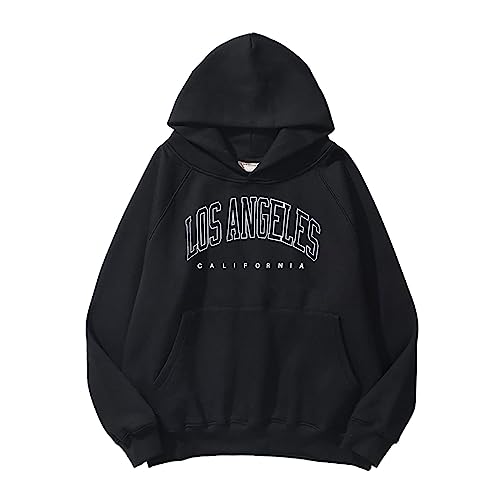 Image of Generisch Women's Basic Fleece Letter Loose Hoodie Long Sleeve Sweatshirt with Pocket Drop Shoulder Design, black, M