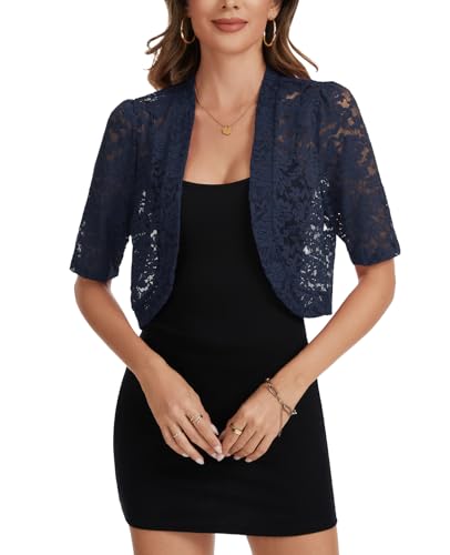 Image of Women's Lace Bolero Shrug Open Front 3/4 Sleeve Cardigan Cover Up Navy XL