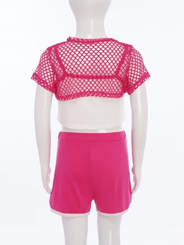 Kids Girls 3 Piece Summer Outfits Cami Tank Top See Through Mesh Fishnet Shirt with Gym Shorts Set Tracksuit Hot Pink 9-10 Years4