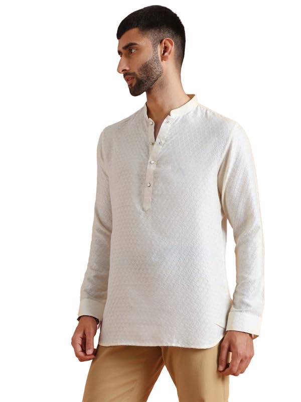 Kisah Men's Short Kurta, Off White Silk Blend, Woven Design Regular Fit Mandarin Collar Long Sleeves (42)