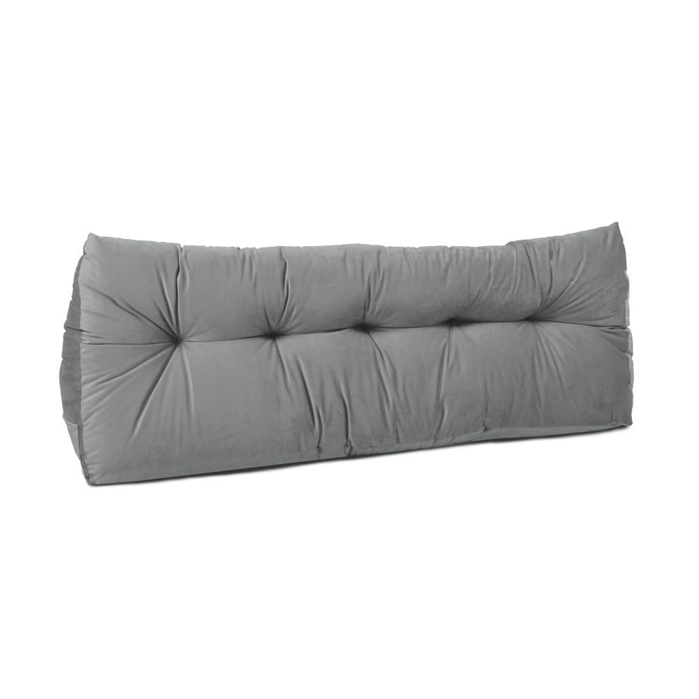 Original Sleep Company Velvet Headboard Cushion - Bedroom Triangular Wedge Headboard Bolster Support Pillow for Bed, Sofa, Chair - Made in Britain - Grey, Double Bed 20 x 50 x 135cm