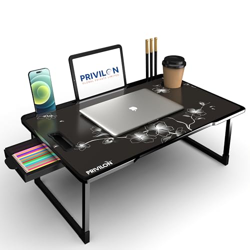 Image of Multi-Purpose Laptop Table, Study Table| Bed Table| Adjustable Height, Portable for Office, Work Form Home | DIY Table, Easy to Assemble, Engineered (ADJ Black) (flower ajustable)