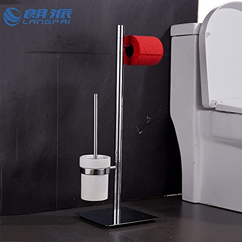 Image of Freestanding Toilet Brush and Paper Holder Set Superior Hotel Luxury Style Join Roll Paper and Toilet Brush Non-Skid Sturdy Floor Stand Brass Chrome with White Ceramic Cup