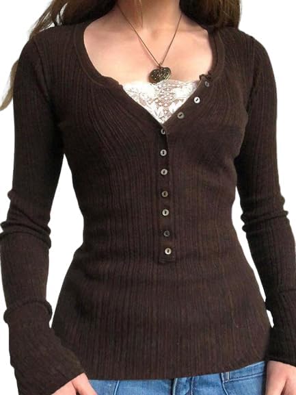EMMIOL Long Sleeve Henley Tops for Women - V Neck Button Ribbed Knit Y2k Shirts Slim Fit Casual Work Lace Tunics Blouse 2-Brown S