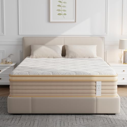 Image of 12 Inch Queen Hybrid Mattress with Gel Memory Foam & Pocket Springs | Mattress in a Box for Pressure Relief & Cool Sleep, Edge Support & Motion Isolation, CertiPUR-US Certified, White & Beige